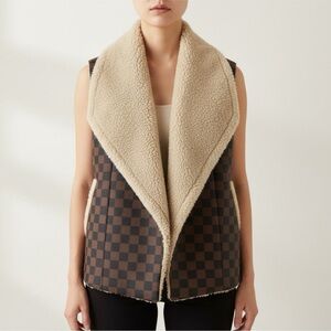 2/$30 Judith March Brown Fleece Lined Vest Designer Faux Fur Checkered Design